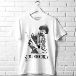 White T-shirt featuring a black and white image of Jimi Hendrix playing guitar.