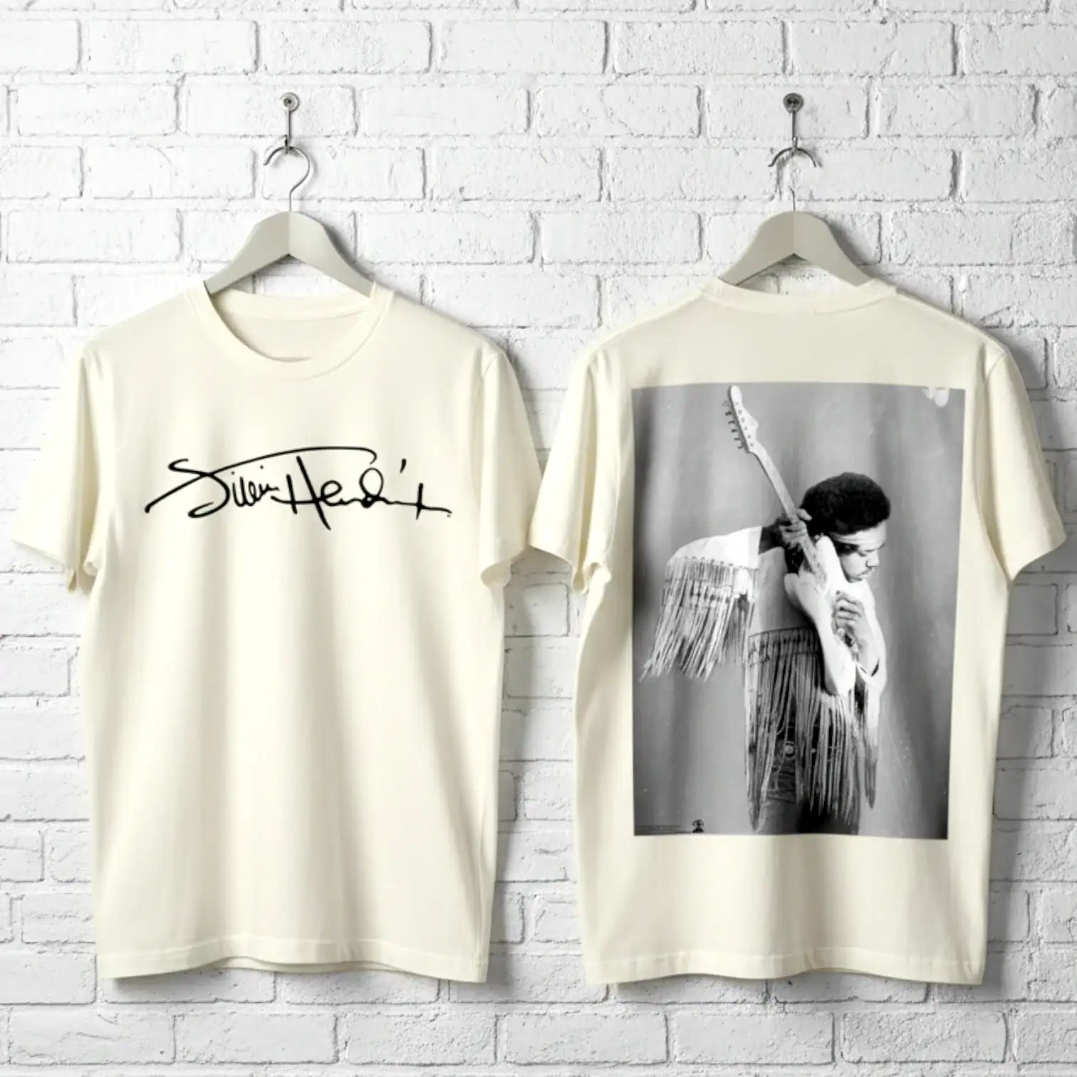 White silhouette T-shirt featuring a guitar and signature design, perfect for music lovers.