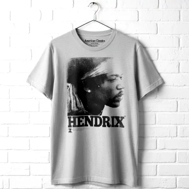 Classic Jimi Hendrix graphic T-shirt featuring a black and white portrait design.