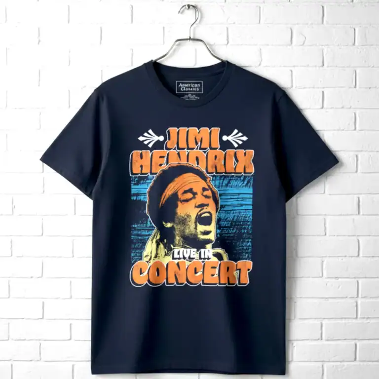 Jimi Hendrix concert t-shirt with iconic image and bold text.