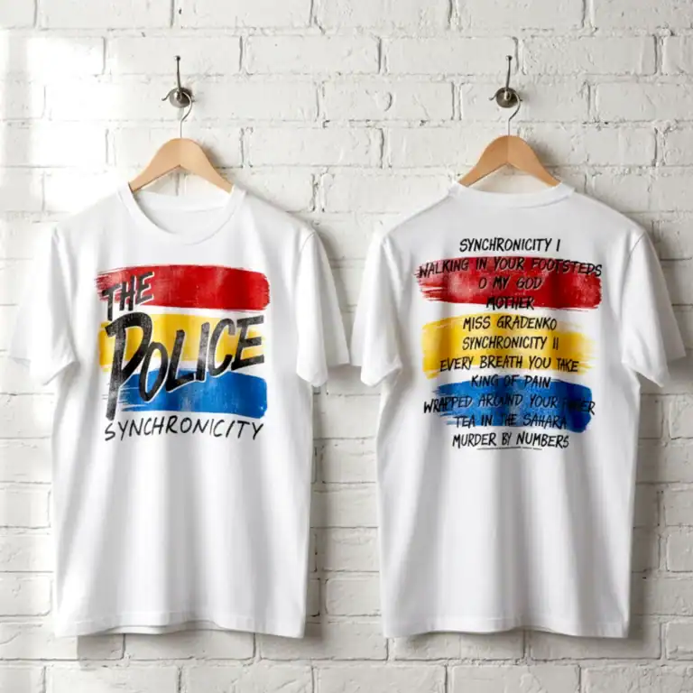 White T-shirt featuring colorful "The Police" and "Synchronicity" text design, perfect for music fan.