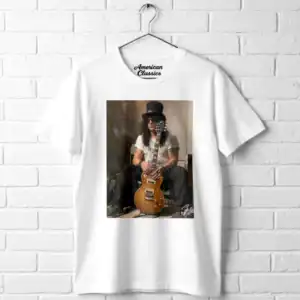 Classic rock guitar t-shirt featuring a musician with an electric guitar and vintage style.