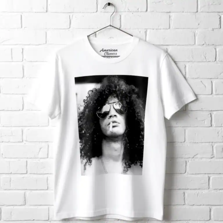 White T-shirt featuring a black-and-white portrait of a rock star with curly hair and sunglasses.