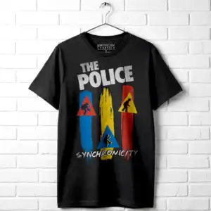 Brightly colored police-themed graphic T-shirt with "The Police" and "Synchronicity" text, displayed.