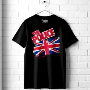 The Police Union Jack T-shirt, black with bold graphic design, is displayed hanging against a white.