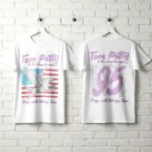 White Tom Petty T-shirt featuring wings and American flag design, perfect for music fans.