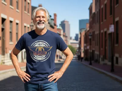 Vibrant senior man enjoying city street with a vintage graphic t-shirt, showcasing stylish casual wear perfect for urban fashion and age-defying confidence.