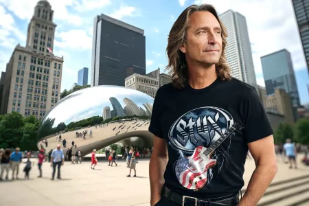 Stylish man in urban fashion with a city-themed guitar T-shirt standing in front of Chicago's skyline and The Bean sculpture.