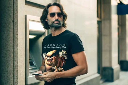 Stylish man with sunglasses using ATM in urban setting, wearing graphic T-shirt featuring bold artwork, showcasing casual fashion and street style.