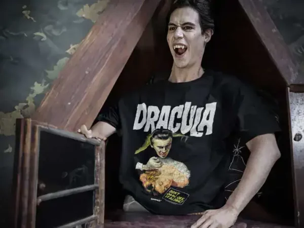 Dark horror vampire graphic tee for spooky fashion.