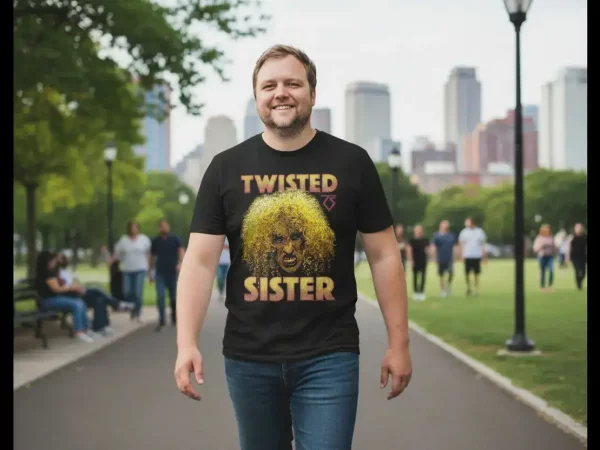 Young man rocking a twisted sister t-shirt with dee snider's face